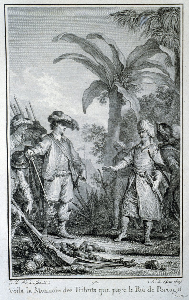 Voici la monnaie des tributs que le Roi du Portugal paie : commerce des portugais dans les colonies - dans « Histoire philosophique et politique des établissements et du commerce des européens dans les deux Indes », par Guillaume Thomas Raynal, éd. Pelle - Unknown artist