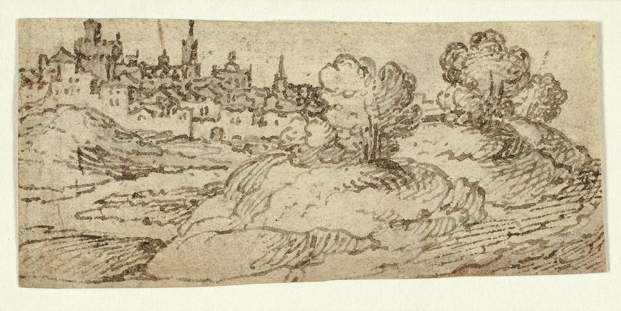 Ville sur la colline avec des arbres au premier plan - Unknown artist