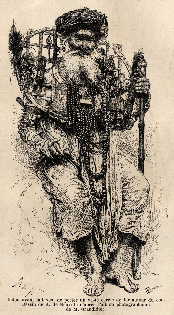 Hindou voué à porter un grand cercle de fer autour de son cou. Gravure pour illustrer le voyage dans les provinces méridionales de l