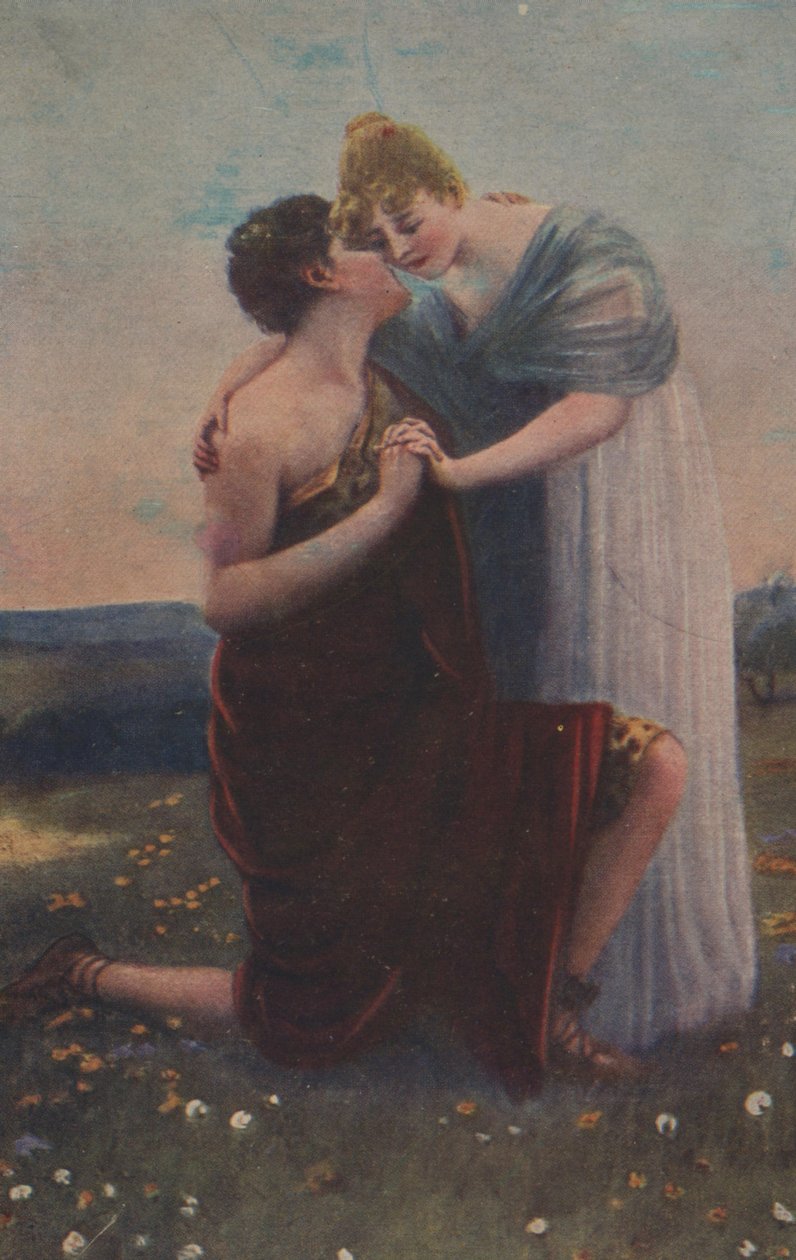 Carte de vœux historique avec motif historique, femme et guerrier du Moyen Âge - Unknown artist