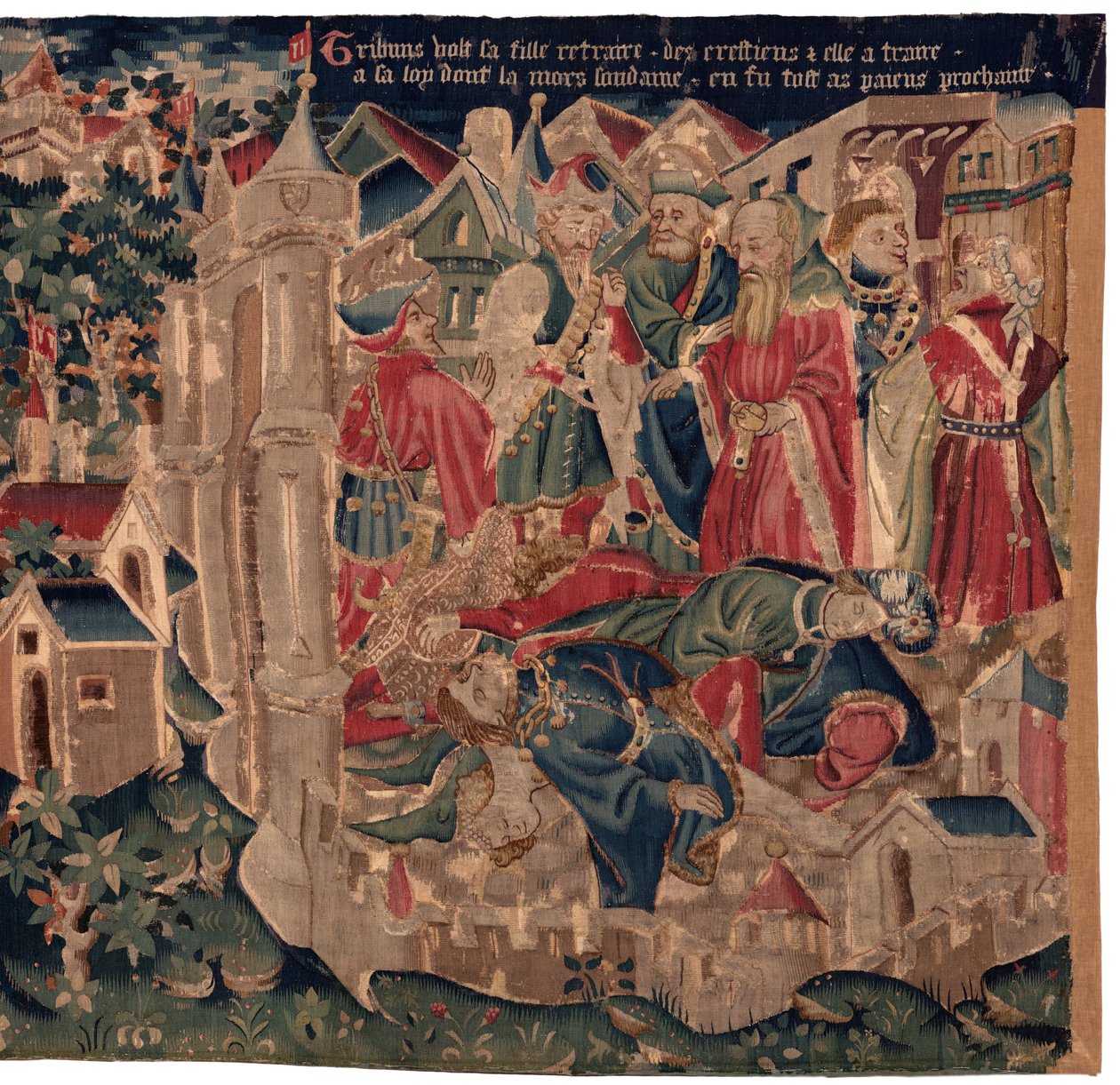 Histoire de Saint Piat et Saint Eleuthère, Scène 14: La peste ravage la ville de Tournai (Tribuns voit sa fille retraire des crestiens et elle atraire a sa loy dont la mors soudaine en fut tost as paiens prochaine). - Unknown artist