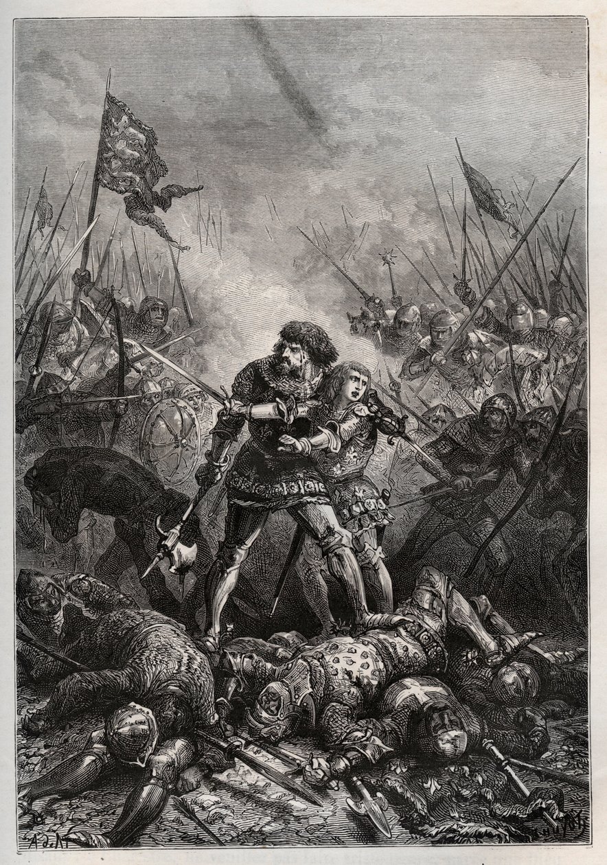 Guerre de Cent Ans : Jean II le Bon, roi de France, et son fils Philippe II de Bourgogne (1342-1404), dit «Philippe le Hardi», combattant les Anglais à la bataille de Poitiers le 19/09/1356 - Unknown artist
