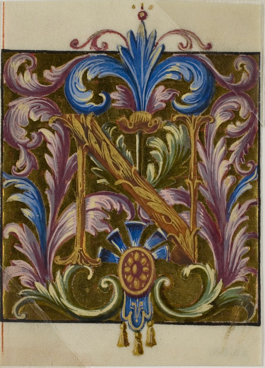 Initiale "N" enluminée avec feuilles d