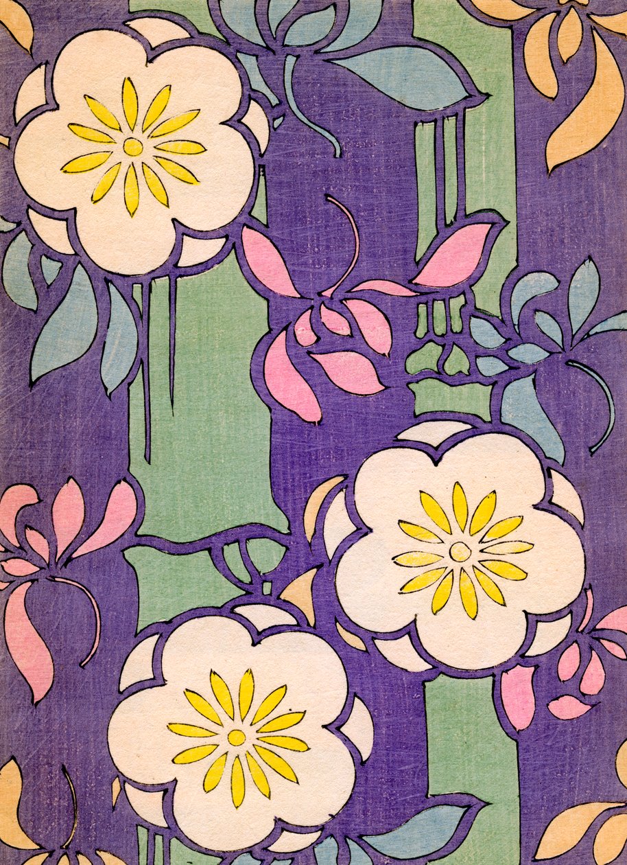 Illustration de fleurs sur un fond lavande et vert - Unknown artist