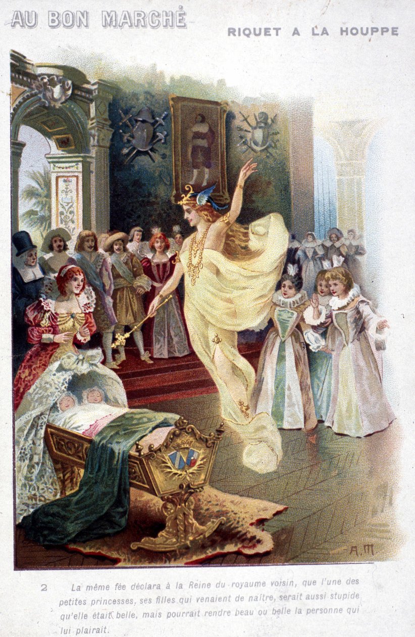 Illustration du conte "Riquet à la houppe" par Charles Perrault (1697) : la fée annonce à la reine que la princesse qui vient de naître sera aussi stupide que belle. Affiche "Au bon marché" du 19ème siècle. - Unknown artist