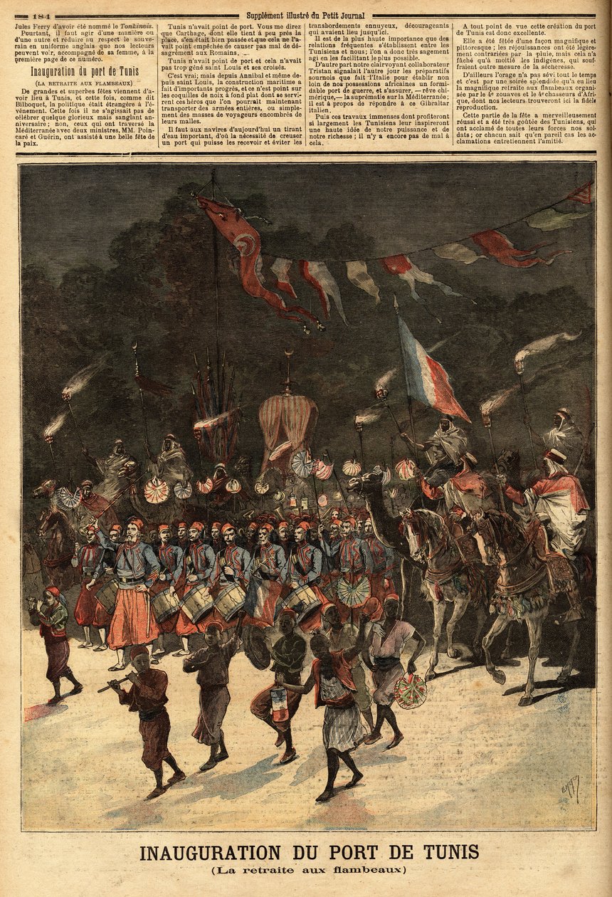Inauguration du port de Tunis, en présence des ministres français Raymond Poincaré (1860-1934) et Eugène Guérin (1849-1929). Gravure dans « Le petit journal » 10/06/1893. Collection Selva. - Unknown artist