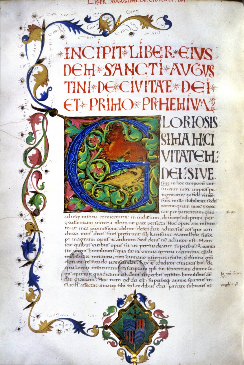 Incipit du manuscrit de « De civitate dei » de Saint Augustin. Manuscrit du 15ème siècle. Milan, Bibl, Trivulziana - Unknown artist