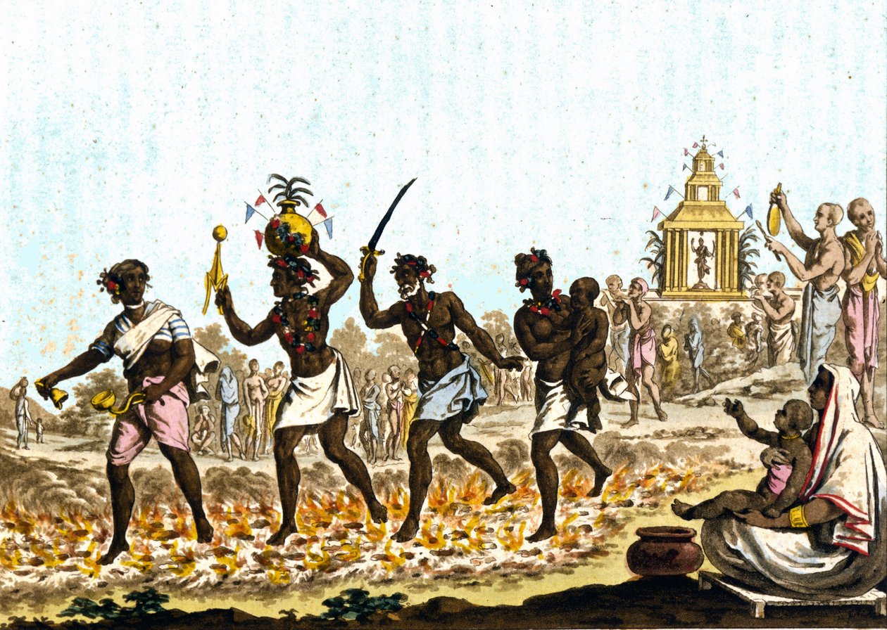 Inde. Fakirs marchant sur des charbons ardents. Gravure du 19ème siècle - Unknown artist