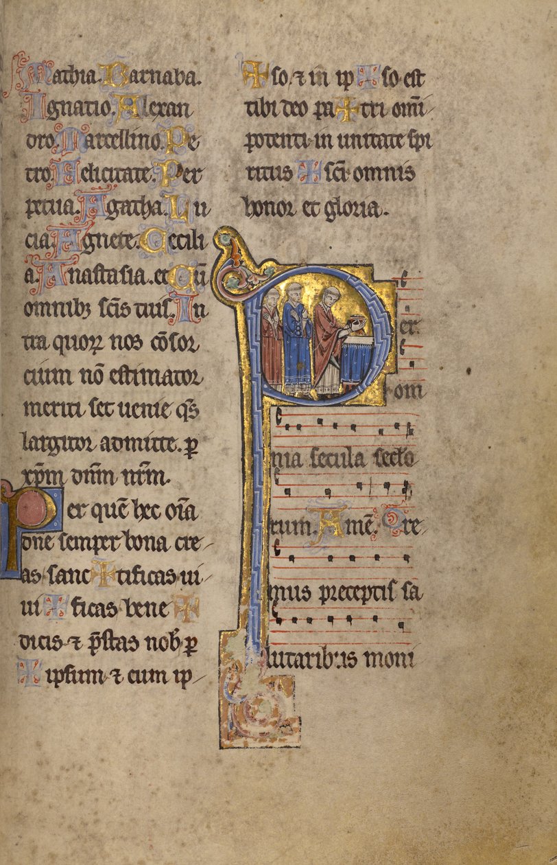 Initial P : Un prêtre et deux diacres devant un autel - Unknown artist