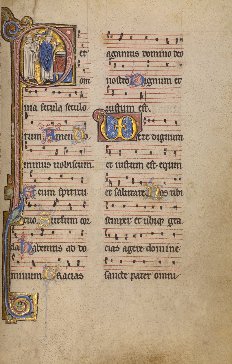 Initial P : Un prêtre et un ministrant devant un autel - Unknown artist