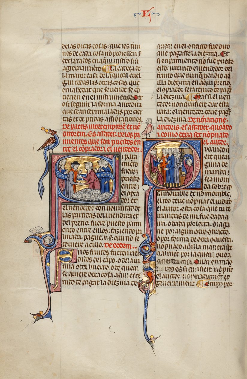 Initiale S : Initiale Q : Trois hommes devant un juge désignant un homme avec une massue et un homme travaillant sur une enclume. - Unknown artist