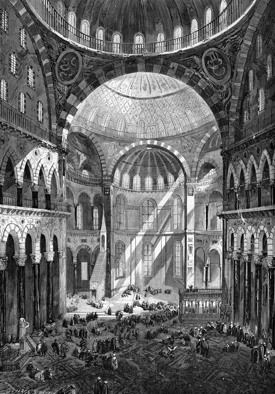 Vue intérieure de la mosquée Sainte-Sophie (art byzantin du 6e siècle) à Constantinople en 1858. - Unknown artist