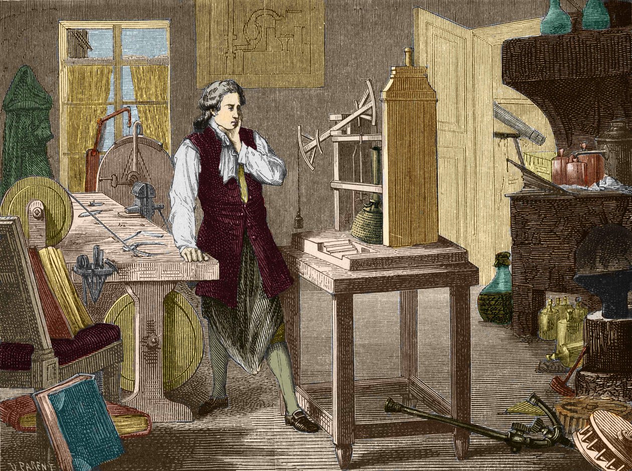 James Watt étudiant le perfectionnement de la machine de Newcomen (1767) - dans « Album de la Science; scientifiques illustres; Grandes découvertes » 1896 - Unknown artist