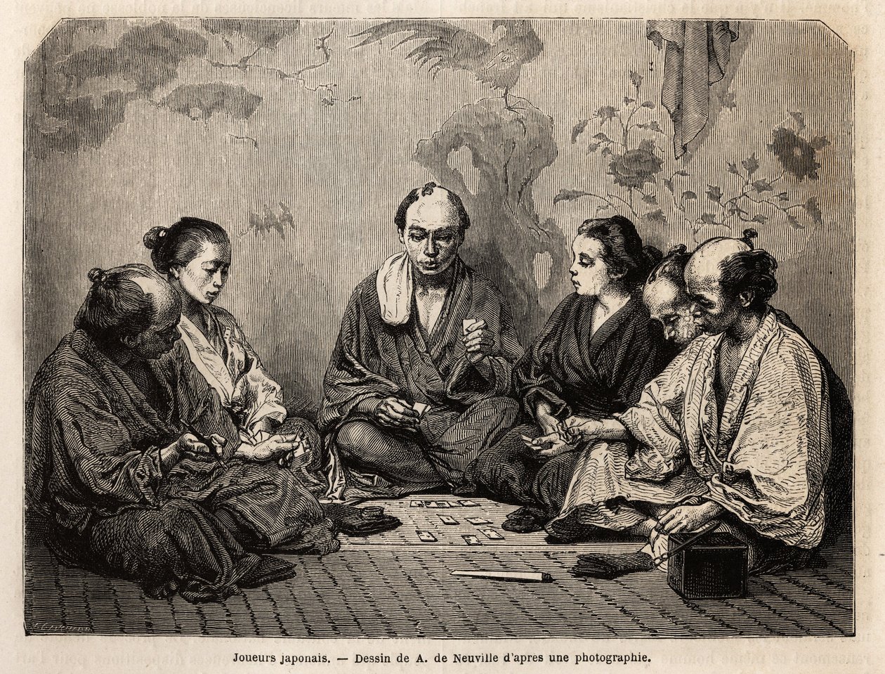 Joueurs japonais au milieu des cartes. Gravure pour illustrer le Japon, récit de voyage par Aimé Humbert, ministre de la Confédération suisse, en 1863-1864, publié dans « Le tour du monde, nouveau journal des voyages », sous la direction d