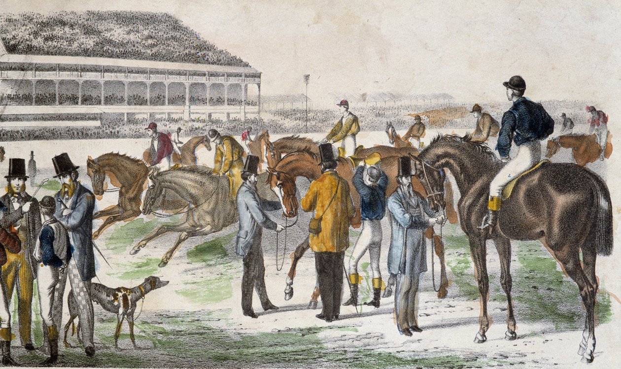 Jockeys et leurs chevaux avant la course - gravure, vers 1850 - Unknown artist