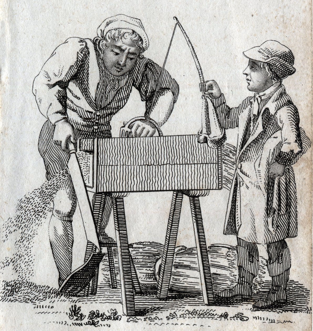 Menuisier et apprenti. Gravure fin XVIIIe siècle. Collection privée. - Unknown artist