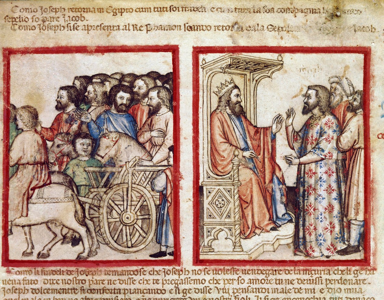 Joseph à gauche pour les funérailles de son père, il suit après le Pharaon Miniature du codex 212 (ou padovano codice ou Bible de Padoue) 1390-1400 Rovigo, Accademia dei Concordi - Unknown artist