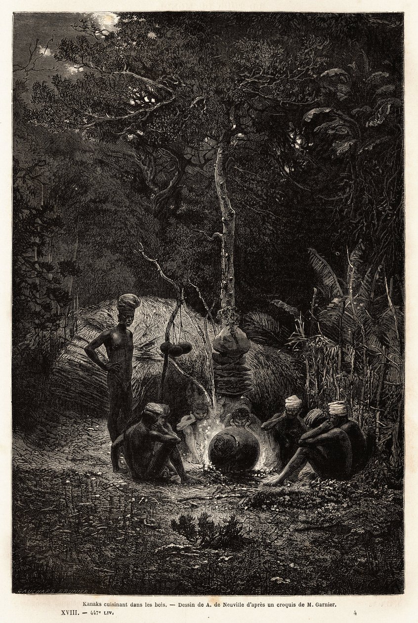 Kanaks cuisinant dans les bois, sur le territoire de Pamale. Gravure pour illustrer le voyage à la Nouvelle-Calédonie, par Jules Garnier, ingénieur civil des mines, en 1863-1866, publié dans "Le tour du monde, nouveau journal des voyages", édité par Edouar - Unknown artist