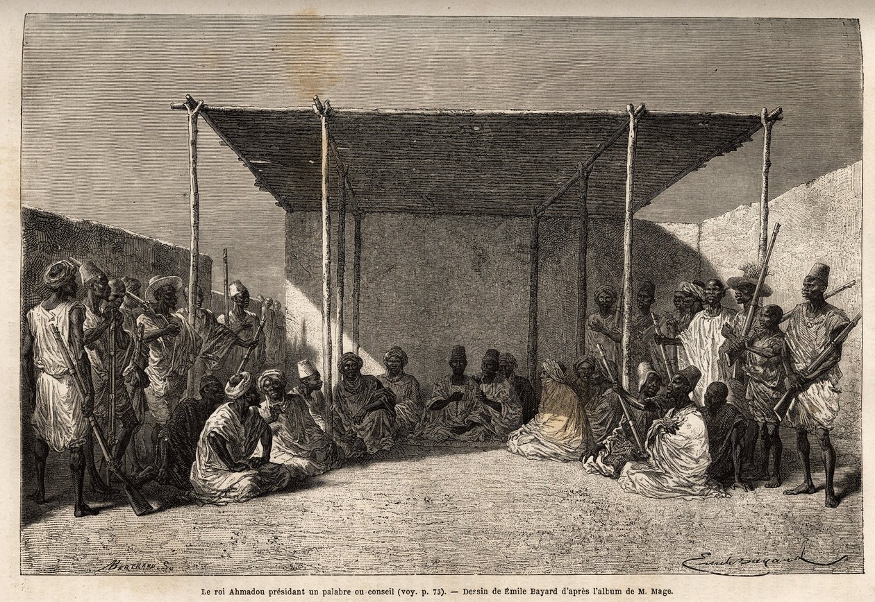 Le roi Ahmadou présidant un conseil ou palabre de l