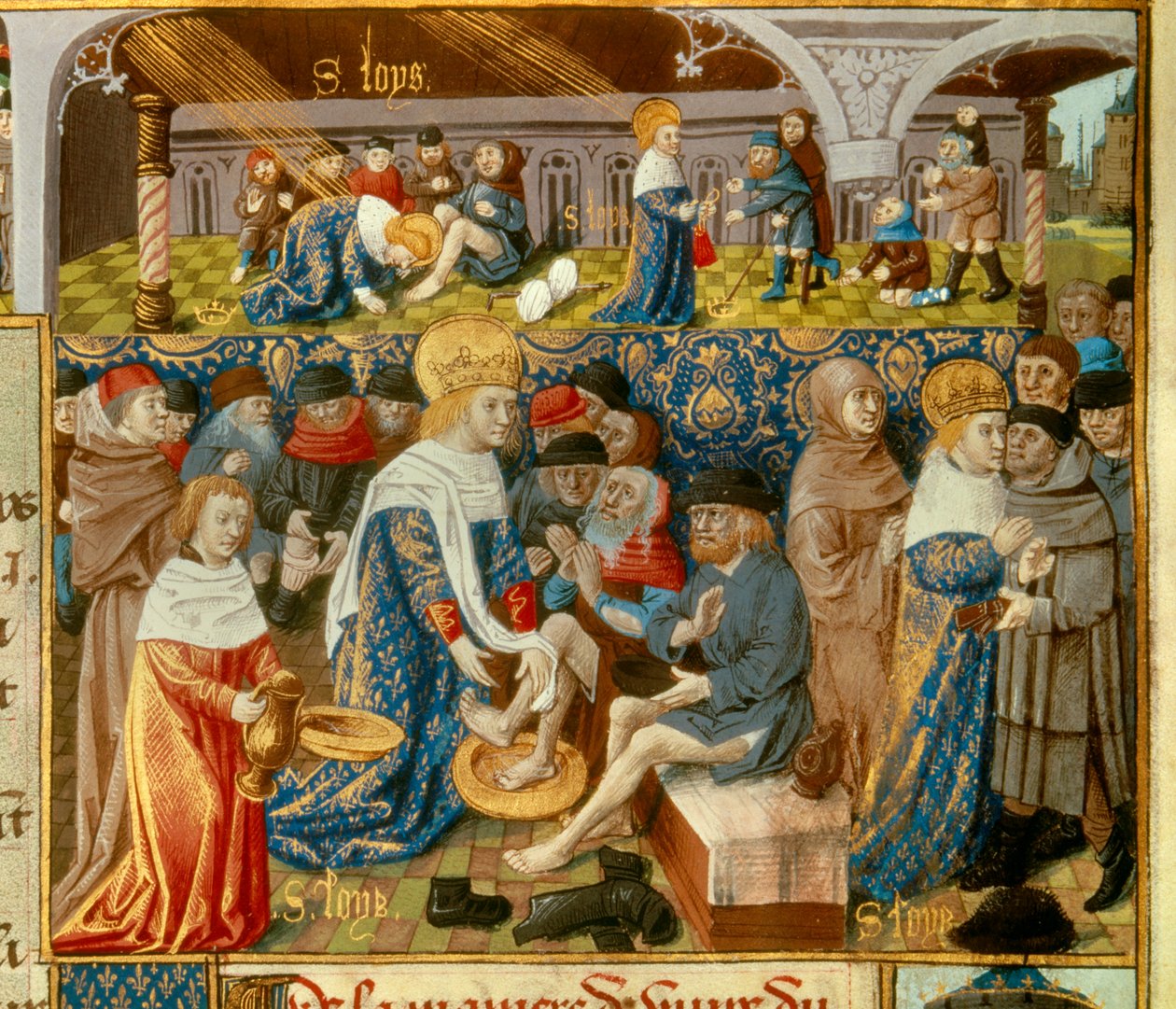 Le roi Louis IX (Saint Louis) lavant les pieds des pauvres et scènes de charité chrétienne du roi. Miniature tirée d