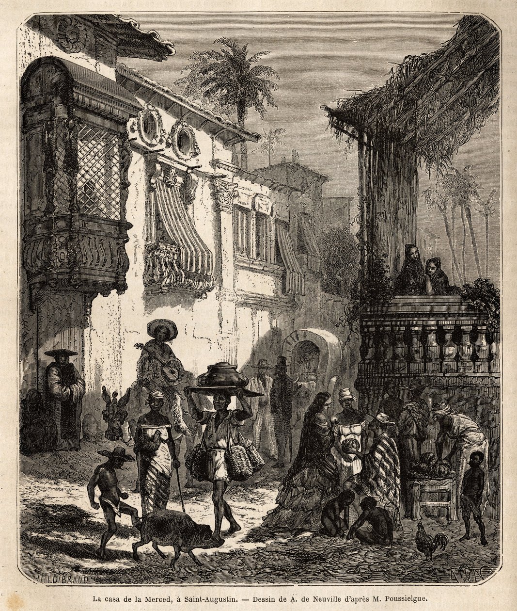 La casa de la Merced (maintenant rue Mercy) à Saint Augustine, la plus ancienne ville des États-Unis, fondée par les Espagnols en 1565; rue principale de la ville, petite et peuplée, avec divers animaux et un mélange singulier de diverses traditions améric - Unknown artist