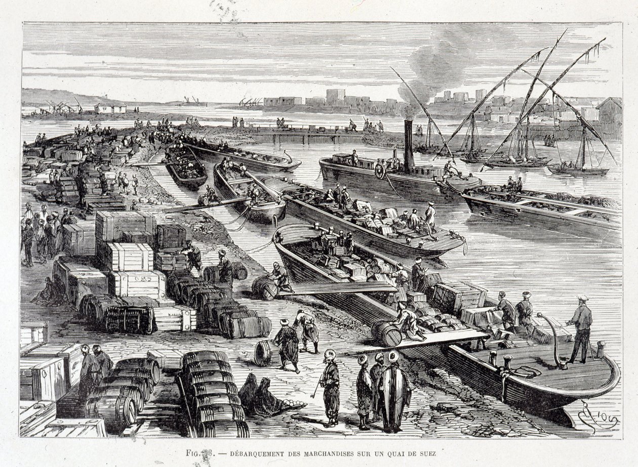 Débarquement de marchandises sur un quai du canal de Suez - Unknown artist