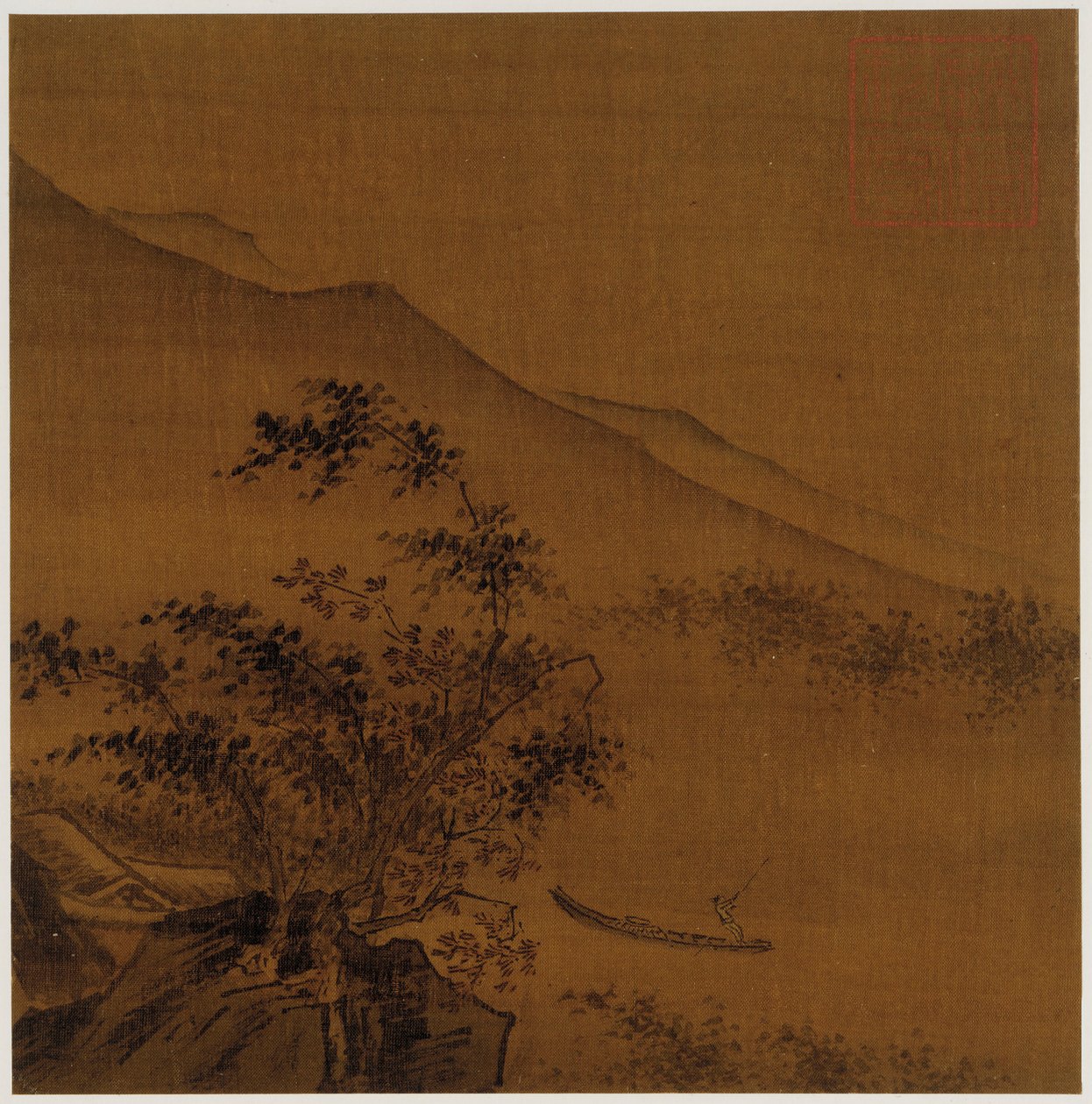 Paysage : collines, rochers, arbres, maison et un bateau - Unknown artist