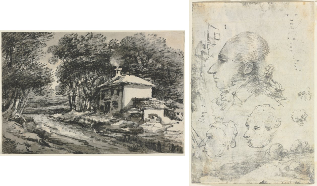 Paysage avec cottage (recto); Études de têtes (verso) - Unknown artist