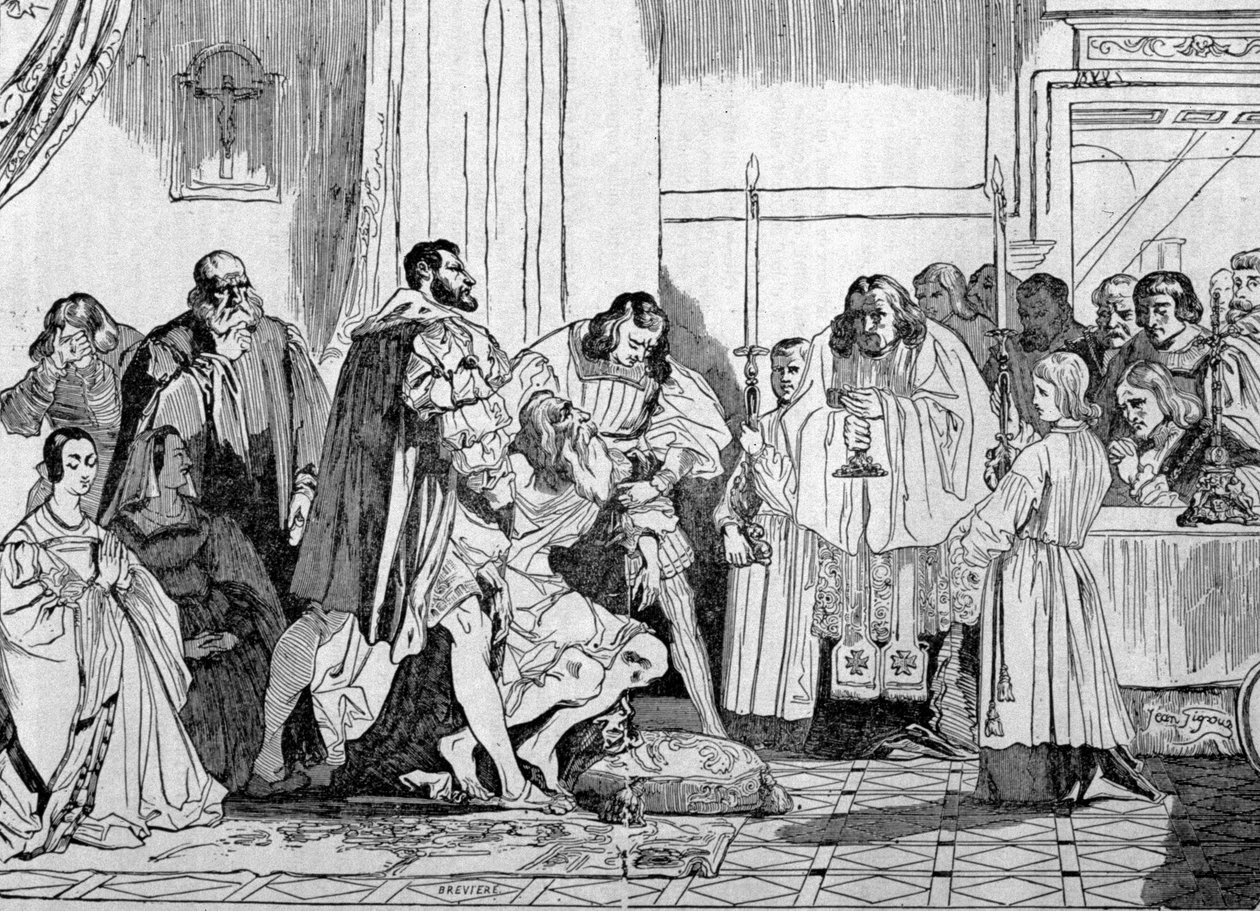 Léonard de Vinci mourant dans les bras de François Ier (1494 - 1547) en 1519 à Clos Lucé. Gravure. - Unknown artist