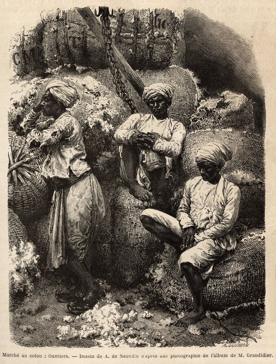 Les ouvriers Parsi au repos, au marché au coton de Bombay. Gravure pour illustrer le voyage dans les provinces méridionales de l