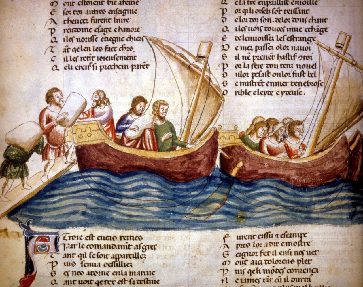 Chargement de cargaison à bord, fin du 13ème siècle. Miniature du « Roman de Troie » de Benoît de Sainte-Maure. 14ème siècle, Biblioteca Marciana, Venise - Unknown artist