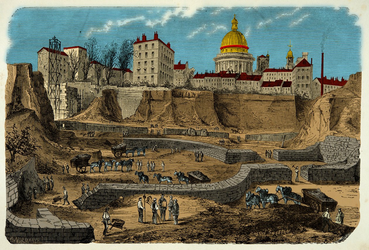 Emplacement du cirque gallo-romain datant du IIe siècle av. J.-C., découvert en 1870 lors du percement de la rue Monge à Paris, gravure XIXe siècle - Unknown artist