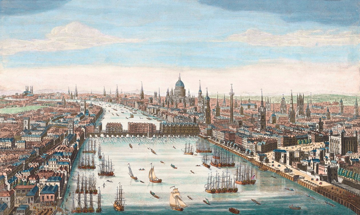Londres au XVIIIe siècle, vue sur la Tamise vers le pont de Londres et la cathédrale Saint-Paul - Unknown artist