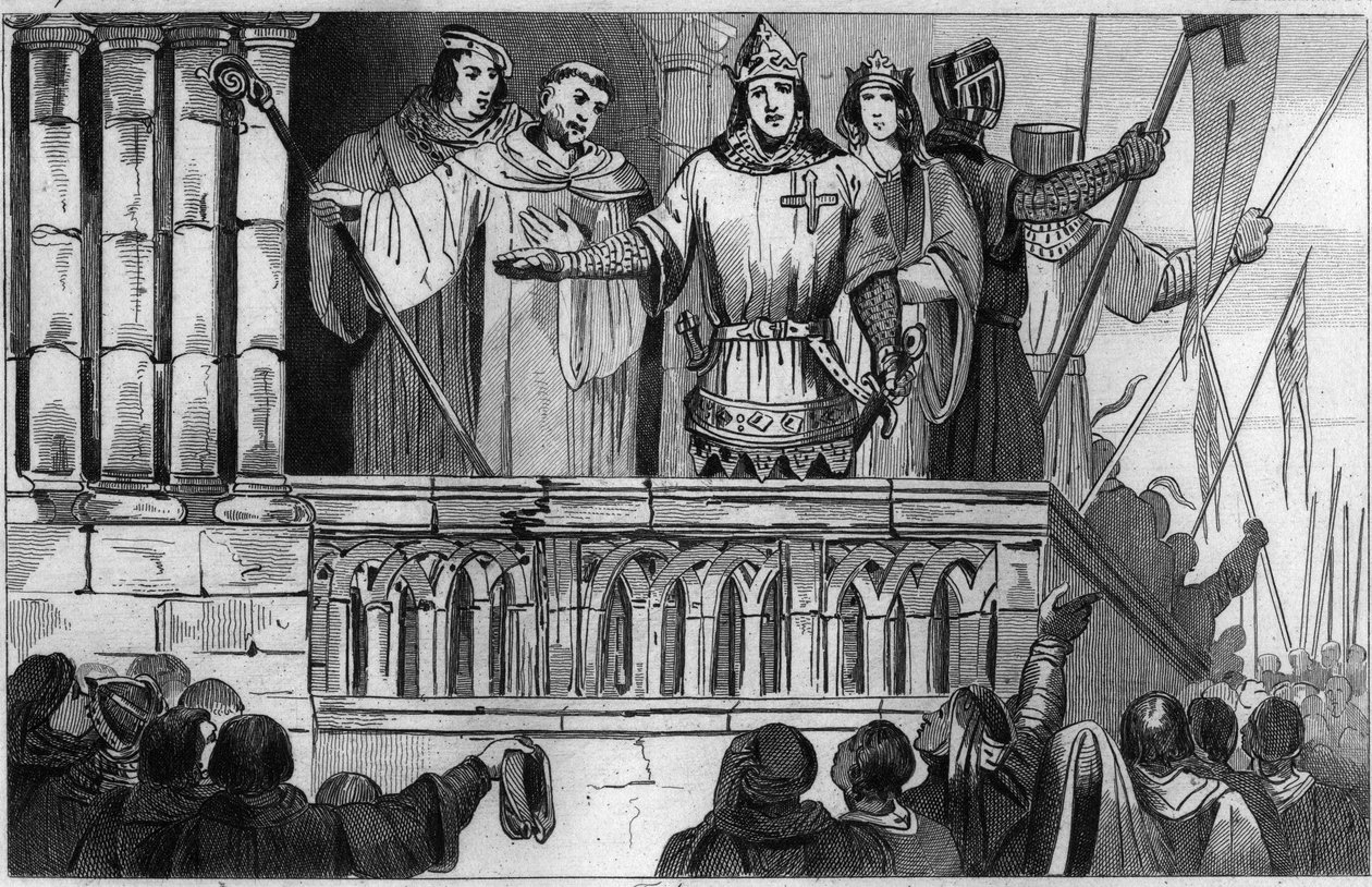 Louis VII (1120-80) le Jeune lève des soutiens pour la Deuxième Croisade en 1144 - Louis VII entreprend la 2e Croisade après les conseils de Saint Bernard de Clairvaux - Gravure de 1825 dans « Histoire de France représentée par synoptique » - Unknown artist