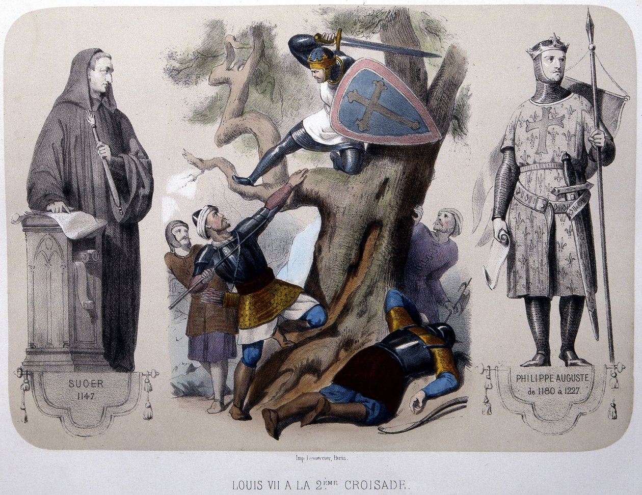 Louis VII combat les Sarrasins pendant la 2e croisade - lithographie, fin du 19e siècle - Unknown artist