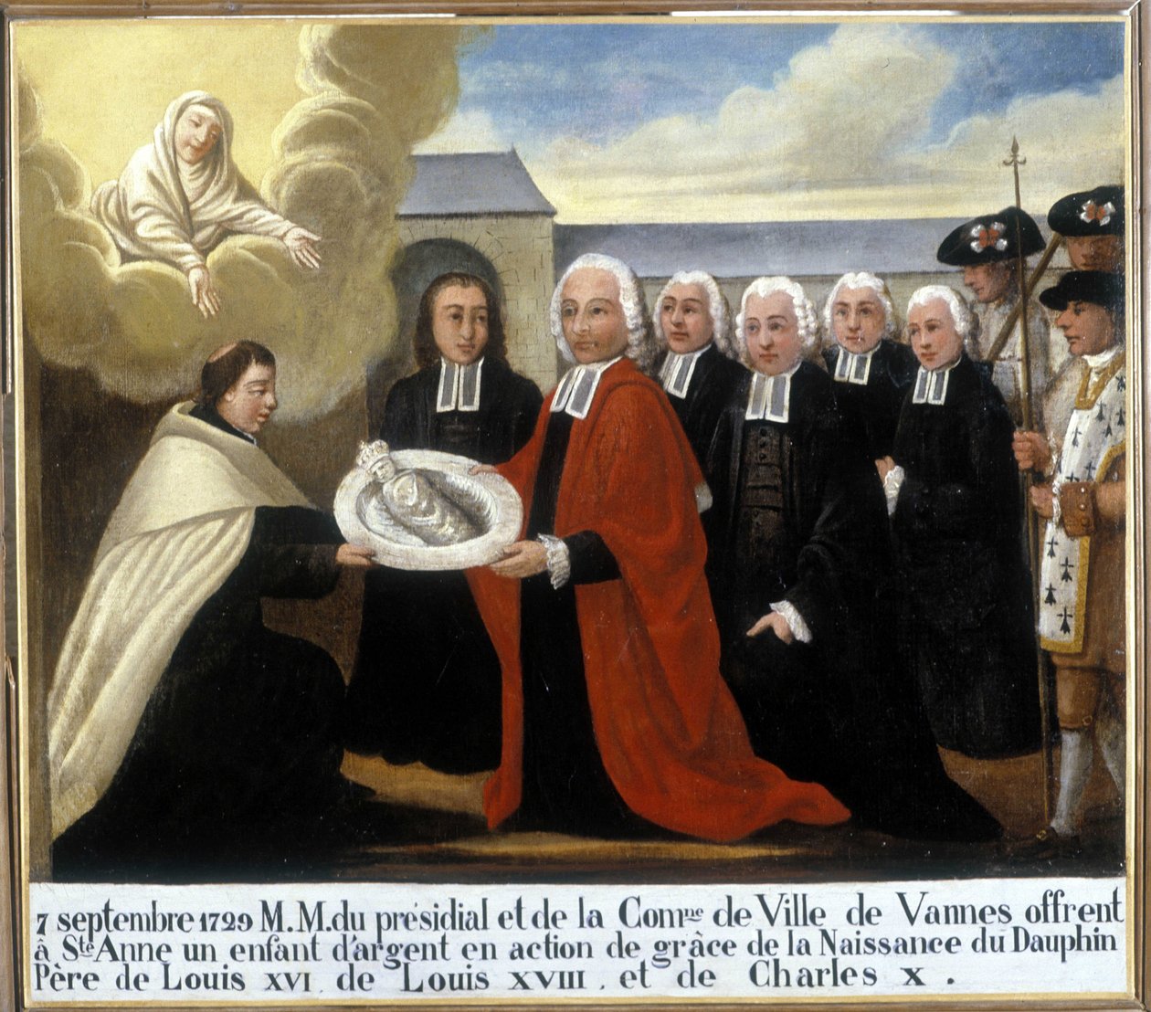 MM du Présidial et de la Commune de Vannes offrent à Sainte Anne un enfant en argent en remerciement de la naissance du dauphin Louis de France, 7 septembre 1729 - Ex-Voto Sainte Anne d