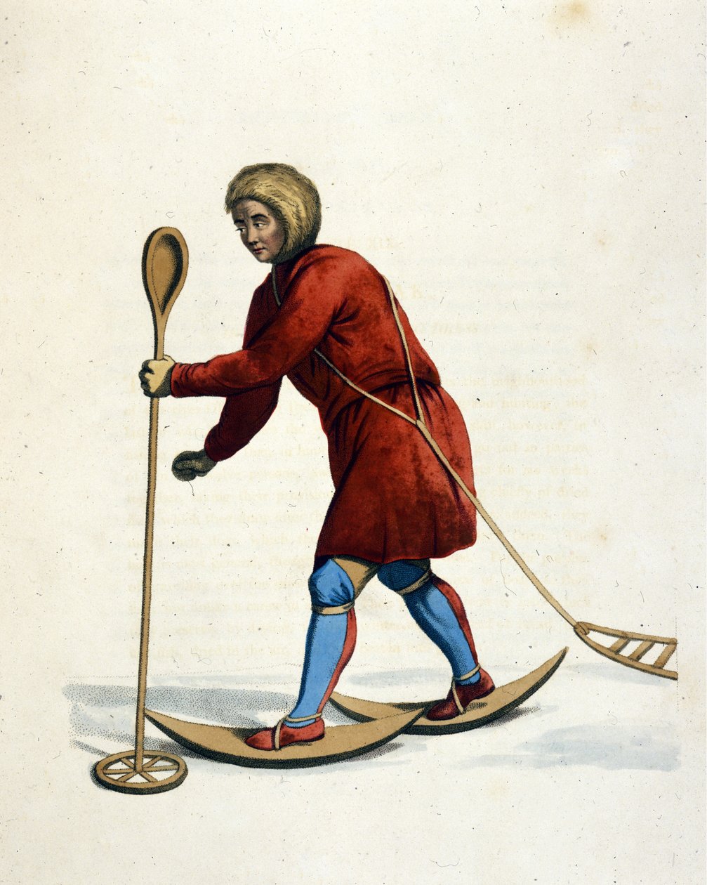 Homme de la tribu Ostiak (Khanty ou Khante) (Sibérie) skiant. Gravure de « Le costume de l