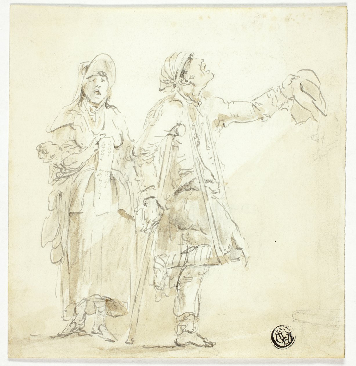 Homme en béquilles mendiant, avec une femme chantant et tenant un bébé - Unknown artist