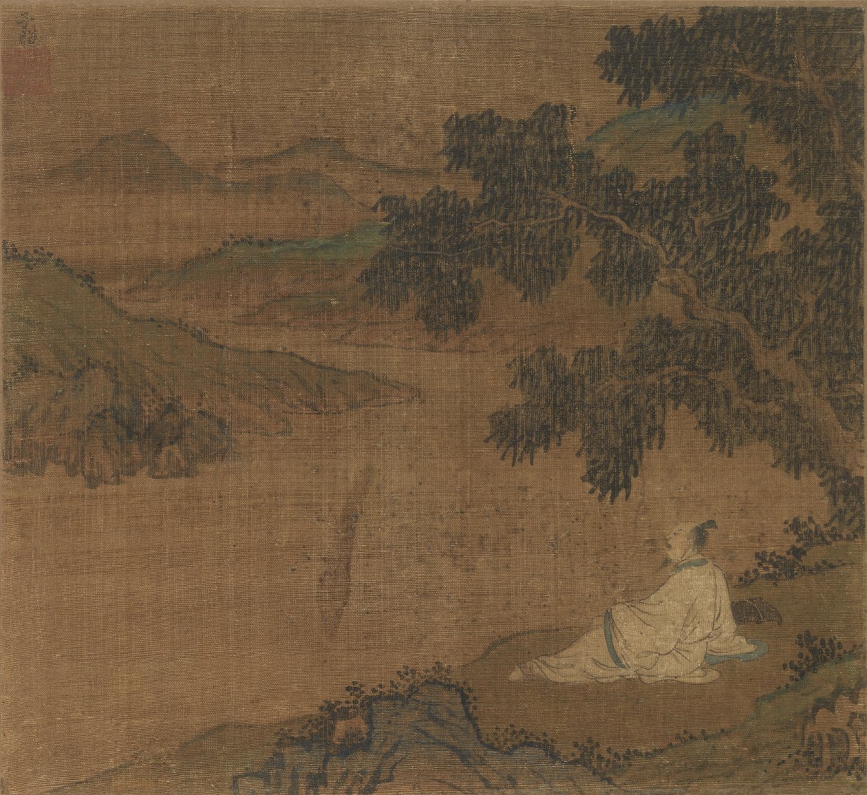 Homme sur une colline sous un arbre surplombant une rivière - Unknown artist