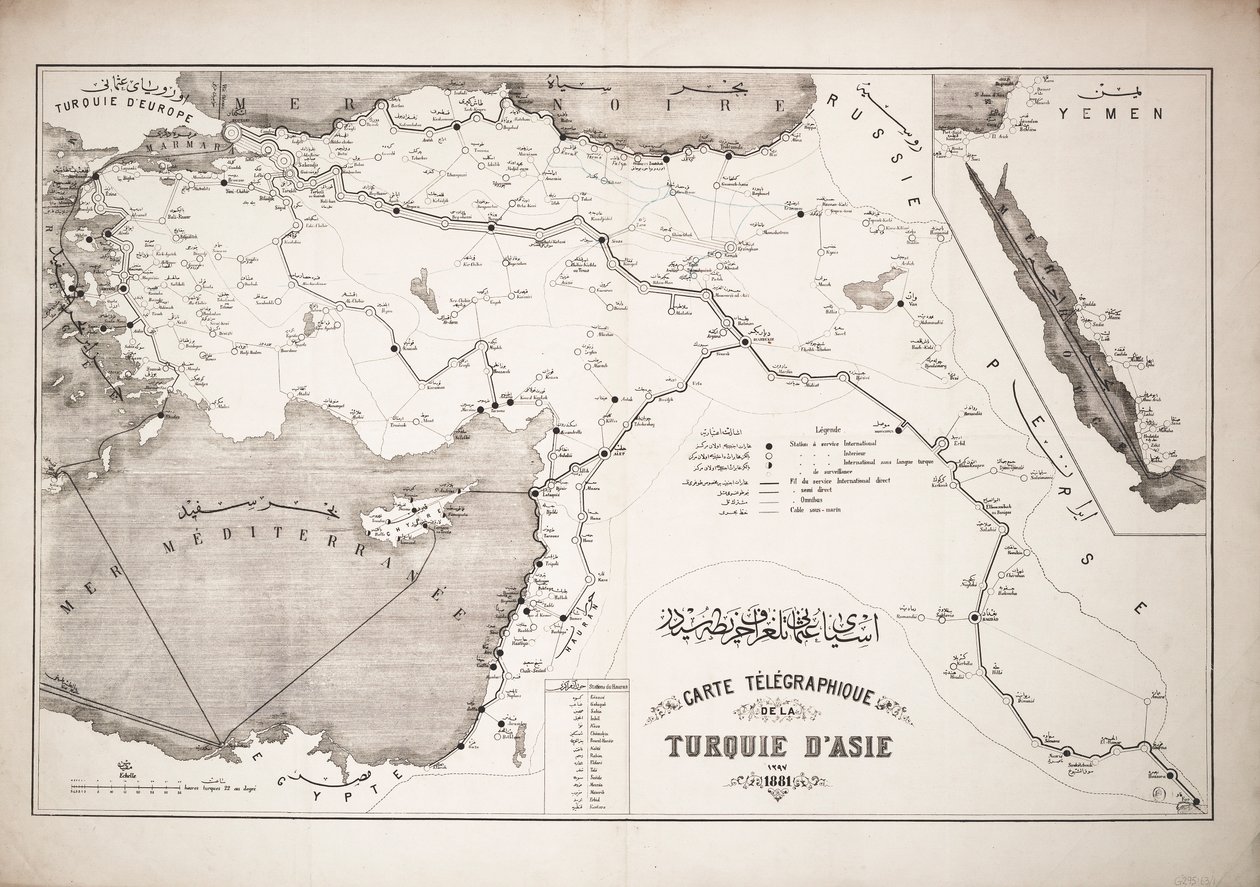 Carte de la Turquie montrant les câbles télégraphiques et les stations - Unknown artist
