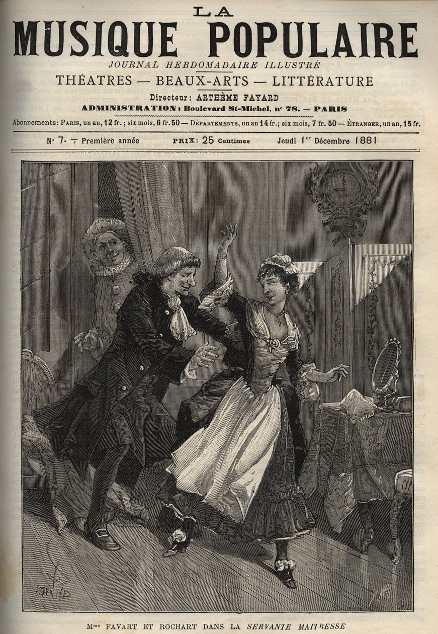 Marie Justine Benoîte Duronceray, dite Madame Favart, et Rochart (Rochard) dans « La Servante maîtresse » (La serva padrona) de Pergolèse (Giovanni Battista Pergolesi) - gravure dans « La musique populaire » journal hebdomadaire illustré - 1882 - Unknown artist