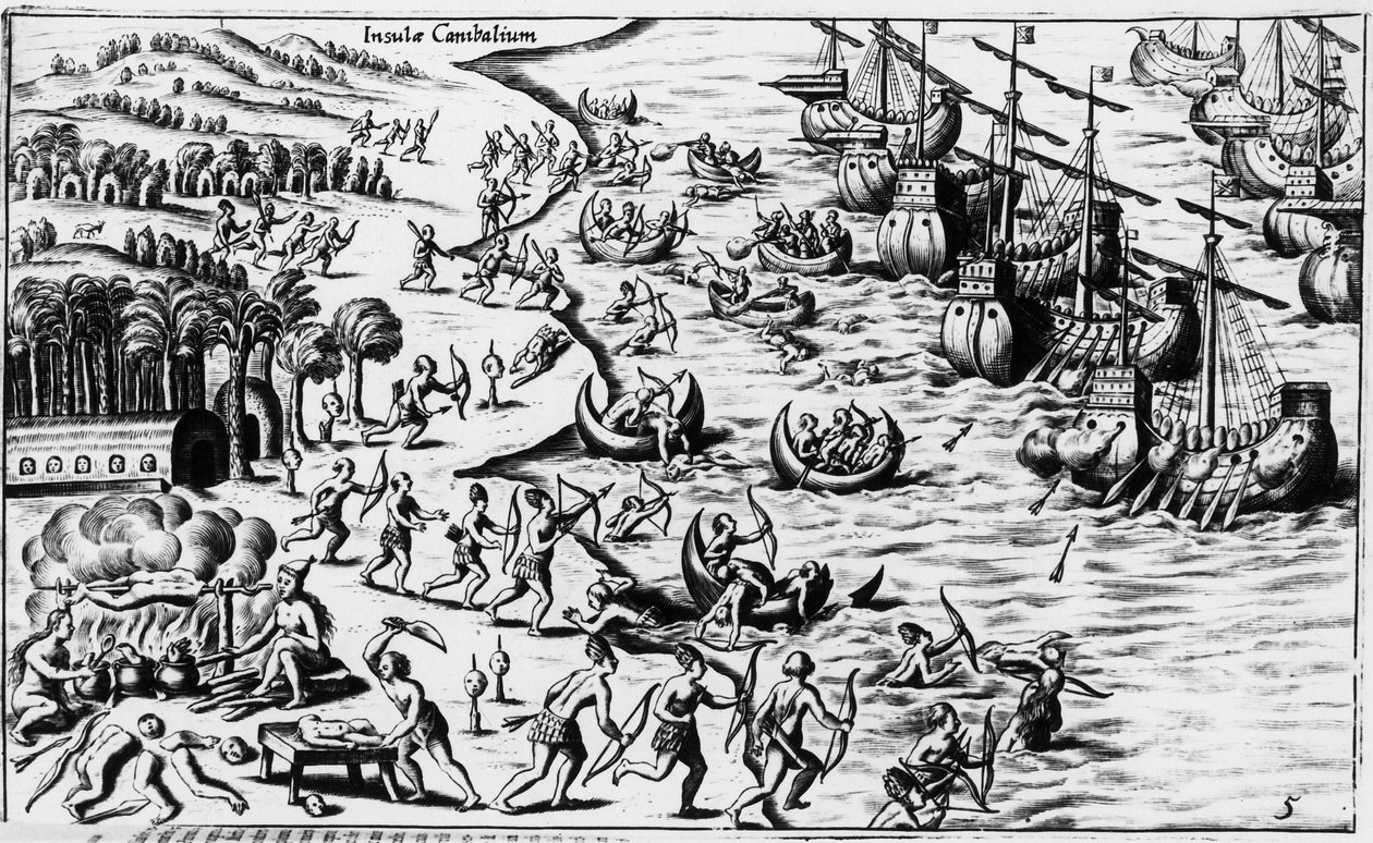 Rencontre entre les gens de Christophe Colomb et les Cannibales - dans « Nova Tipus Transacto Navigatio Novi Orbi » par Philoponus Honorius - Unknown artist