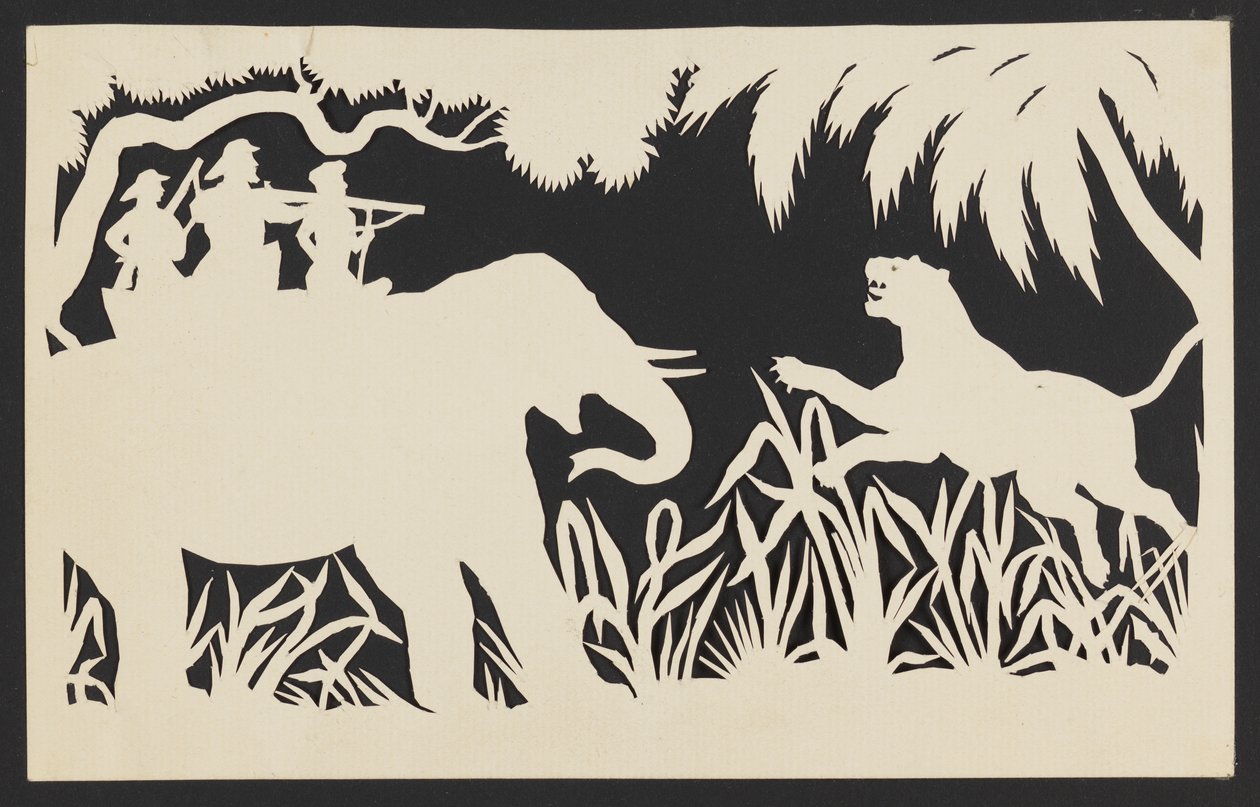 Hommes tirant sur un tigre depuis un éléphant - Unknown artist