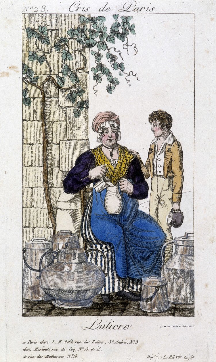 Laitière versant du lait dans une bouteille pour un jeune homme - dans « Cris de Paris », début 19ème siècle - Unknown artist