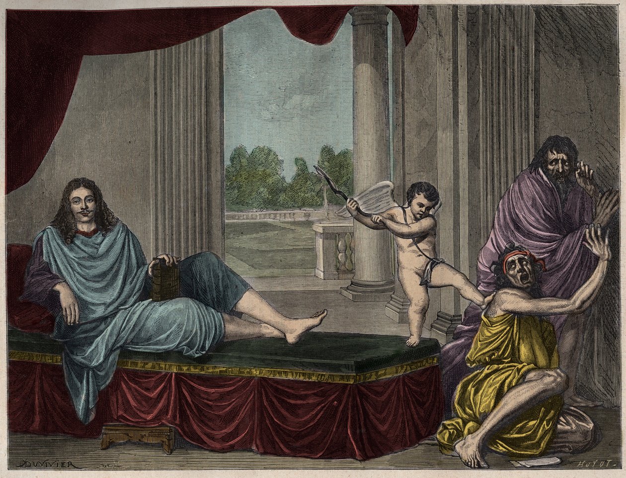 Molière Jean Baptiste Poquelin (1622-1673) évoquant le Génie de la comédie pour abattre le vice et démasquer l