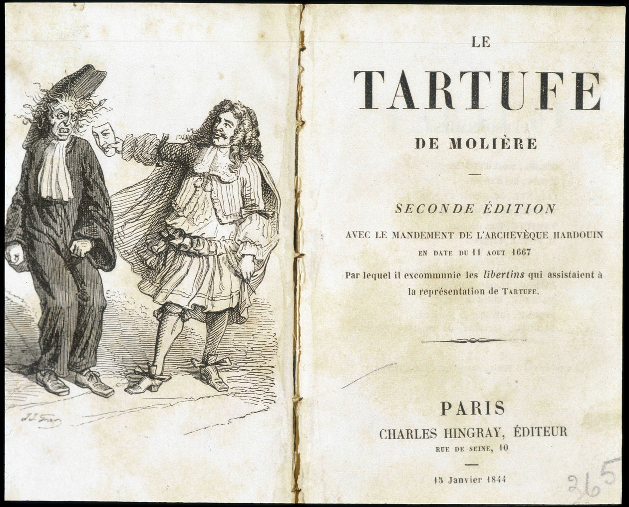 Molière effrayant un ecclésiastique avec un masque de théâtre - Frontispice du "Tartuffe" de Molière, éd. Hingray, Paris - Unknown artist