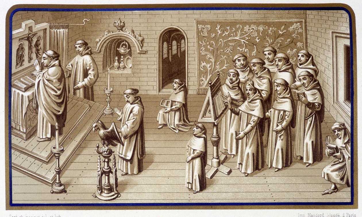 Moines dans une chapelle du monastère : prière et chœur. Grisaille des Miracles de Notre-Dame. Chromolithographie. 19ème siècle - Unknown artist