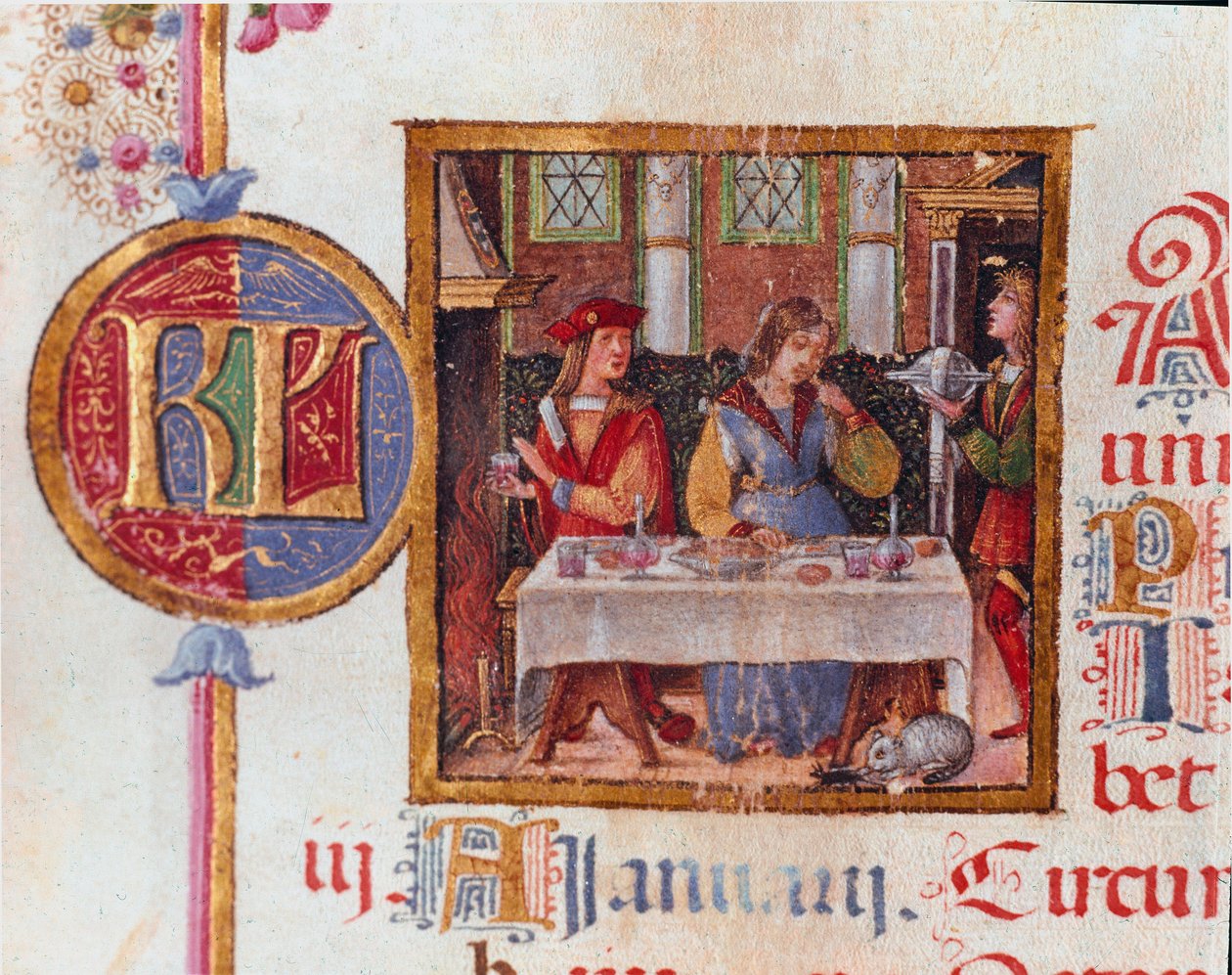 Mois de janvier : scène de banquet. Miniature du Bréviaire d