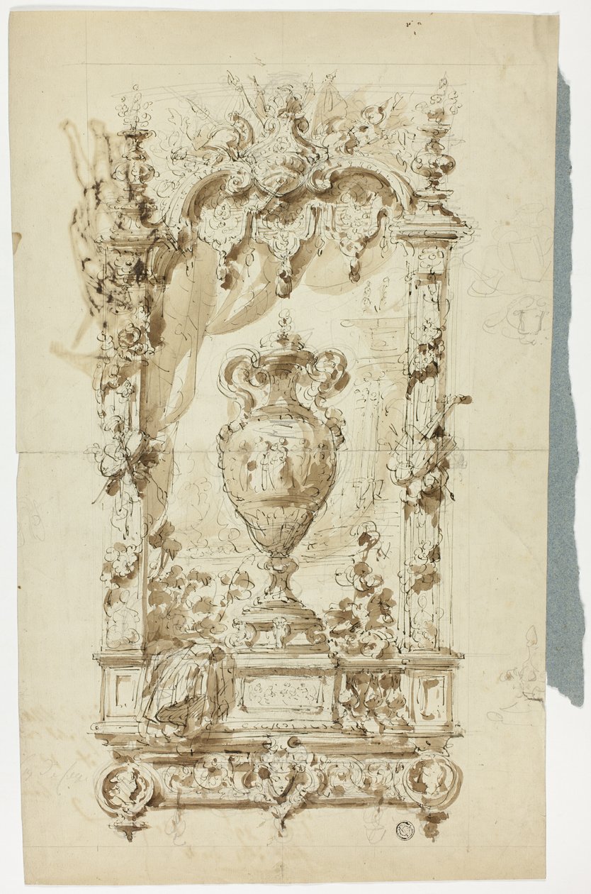 Vase monumental dans un cadre ornemental (recto) ; Esquisse d