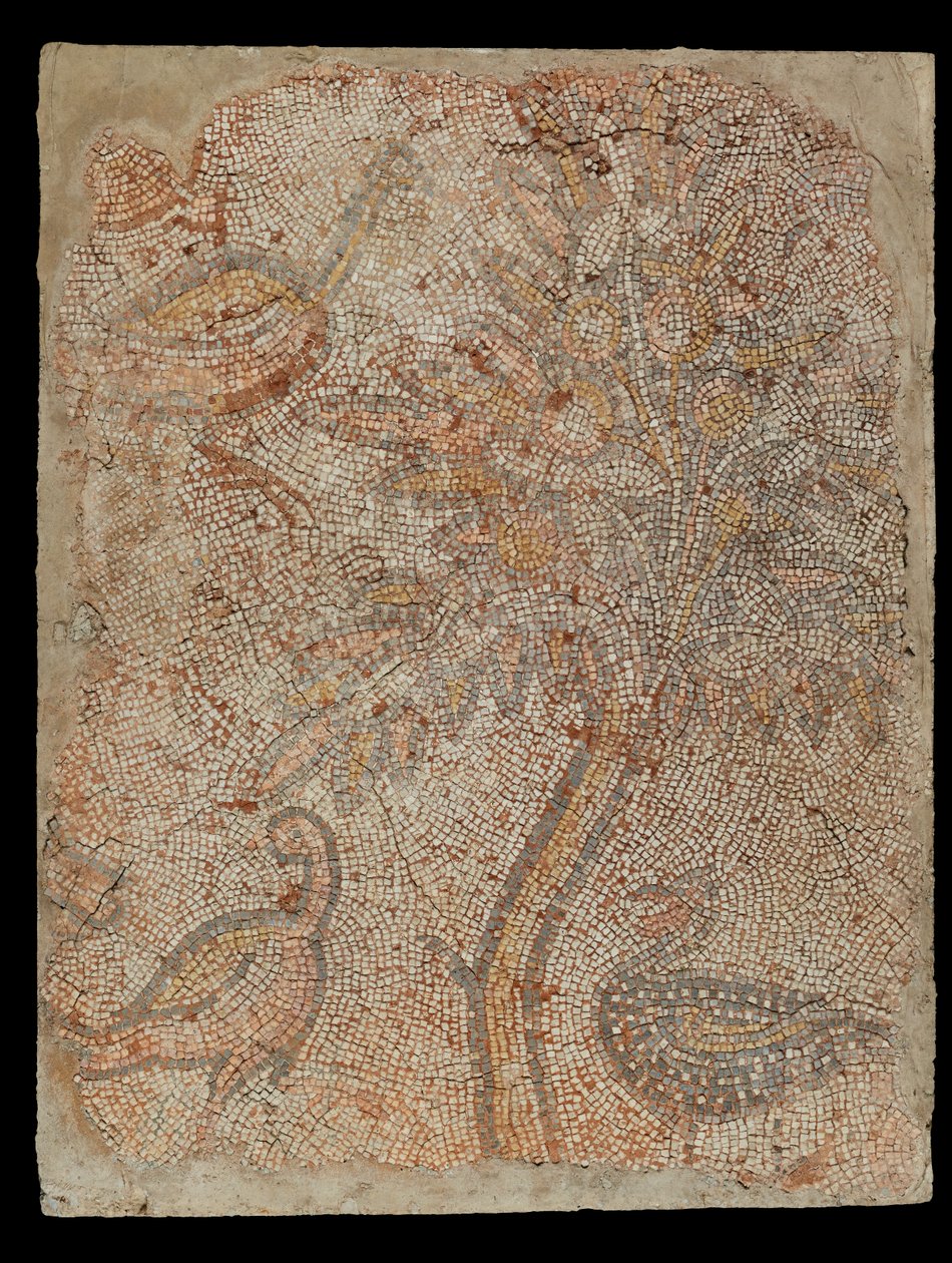 Fragment de mosaïque avec trois oiseaux et un arbre - Unknown artist